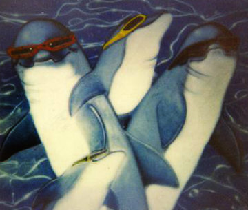 Untitled Penquins 1980 48x60 Original Painting - Robert Wyland Untitled Penquins 1980 48x60 Original Painting - Robert Wyland