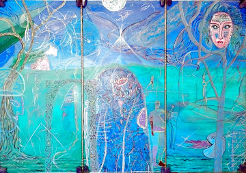 Turquoise Gaia - Transpersonal Mother of Love, Healing and Creation 1987 55x37 - Huge Original Painting - Rom Yaari