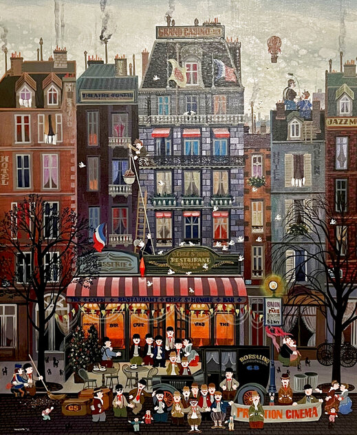 Modern Cinema 1976 Framed Oil on Canvas 22x18 by Hiro Yamagata