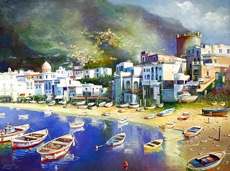 Mediterranean Town with Boats 37x47 - Huge Original Painting - Yanush Godlewski