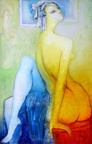 Yellow Nude 53x45-  Huge Original Painting - Gevorg Yeghiazarian