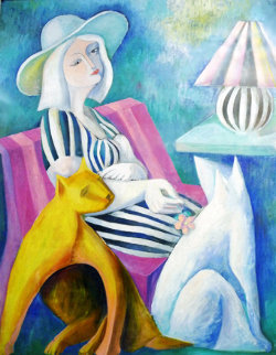 Woman with Hat and Cats 1988 41x41 Original Painting - Yuroz Woman with Hat and Cats 1988 41x41 Original Painting - Yuroz