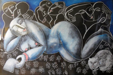 Woman With Cat 1989 47x67 Huge Original Painting - Yuroz Woman With Cat 1989 47x67 Huge Original Painting - Yuroz