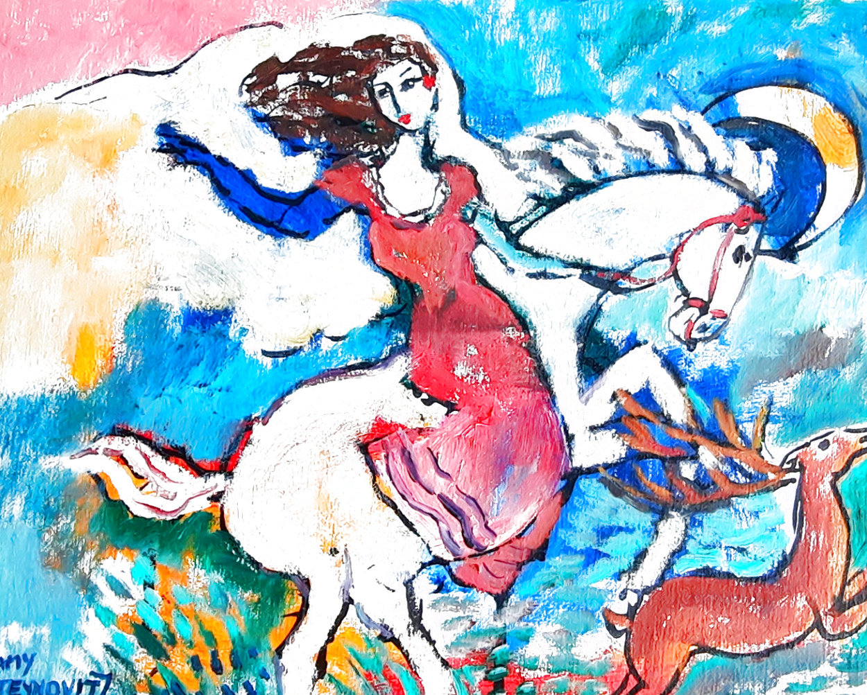 Lady on Horse, Deer By the Side HS 18x17 Original Painting by Zamy Steynovitz