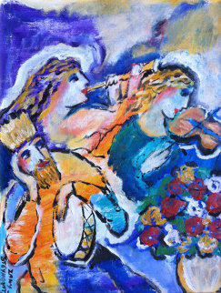 Untitled Musicians with Violin, Flute, and Drum 13x10  Original Painting - Zamy Steynovitz