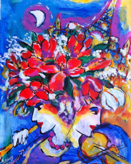 Untitled Flowers with Violin, Flute, Eiffel Tower 13x11 HS Original Painting - Zamy Steynovitz