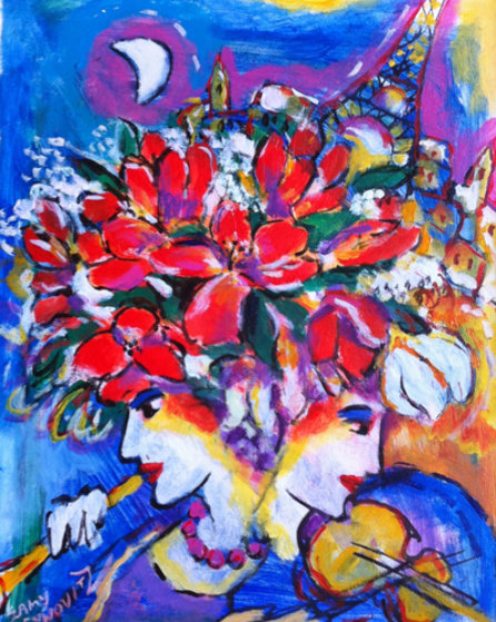 Untitled Flowers With Violin Flute Eiffel Tower 13x11 By Zamy