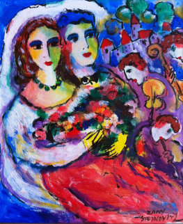 Untitled Couple with Flowers Painting 13x10  Original Painting - Zamy Steynovitz