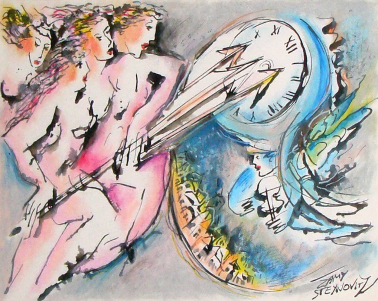 Chasing Peaceful Time Watercolor 1975 34x29 HS  Watercolor by Zamy Steynovitz