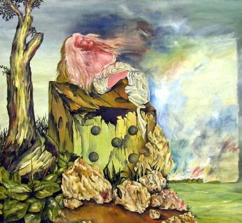 Girl on Dice 1970 42x40 Huge  Original Painting - Zamy Steynovitz