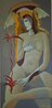 Pondering Nude 1993 58x28 - Oil and Acrylic on Canvas - Huge Original Painting by Oleg Zhivetin - 2