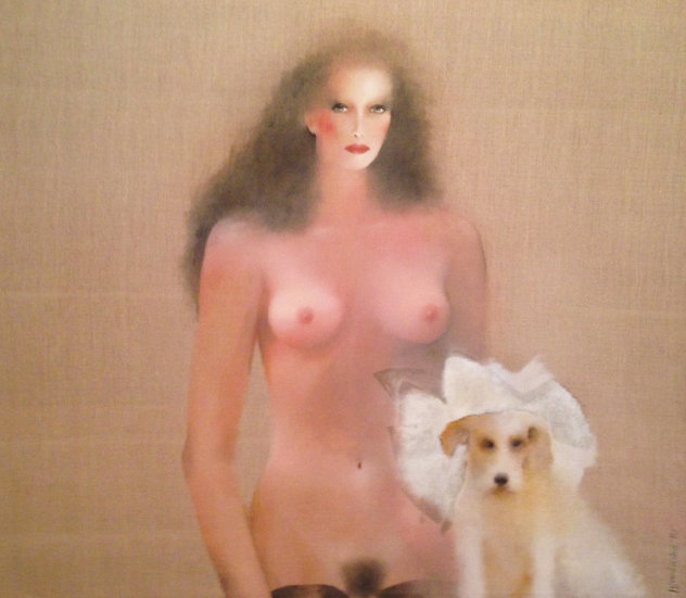 Mimi With Dog Alex 1984 42x38 Huge Original Painting by Joanna Zjawinska