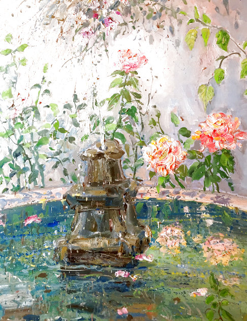 Garden Series: Untitled Fountain in Garden 1976 37x31 Original Painting by Bruno Zupan