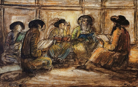 Midnight Prayer Near the Wall 1984 19x26 - Signed Twice - Jerusalem Original Painting - Zvi Raphaeli